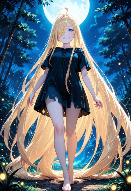 1girl, solo, masterpiece, best quality, newest, absurdres, CG, anime, source anime, illustration, very aesthetic, high resolution, ultra-detailed, newest, scenery, medium depth of field, rule of thirds, masterpiece-level, clean lines,
BREAK 1girl, ((solo)), ru1, blonde hair, absurdly long hair, blue eyes, hair over one eye, sharp teeth, antenna hair, pale skin,
torn black dress, short sleeves, barefoot
dynamic pose, standing, grin, posing, extends her left hand to the viewer, looking at viewer
outdoors, meadow, fireflies, night, moonlight
cinematic angle, various angles, detailed background, beautiful background, (rays light:1.0),(grow:1.0) mystical, luminism, vibrant colors, light particles