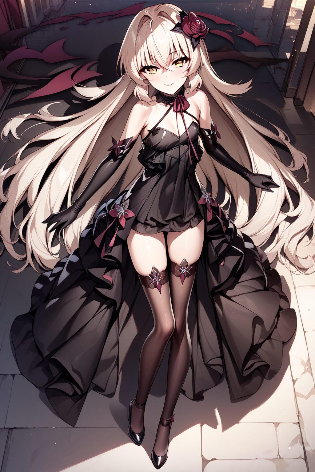 eve meitner, 1girl, dress, solo, long hair, gloves, elbow gloves, thighhighs, black dress, hair ornament, flower, black gloves, yellow eyes, full body, seductive smile, <lora:XL-EveMeitnerv1.5:1>, (masterpiece),(best quality),(ultra-detailed),(best illustration),(best shadow),(absurdres),(detailed background),(very aesthetic),