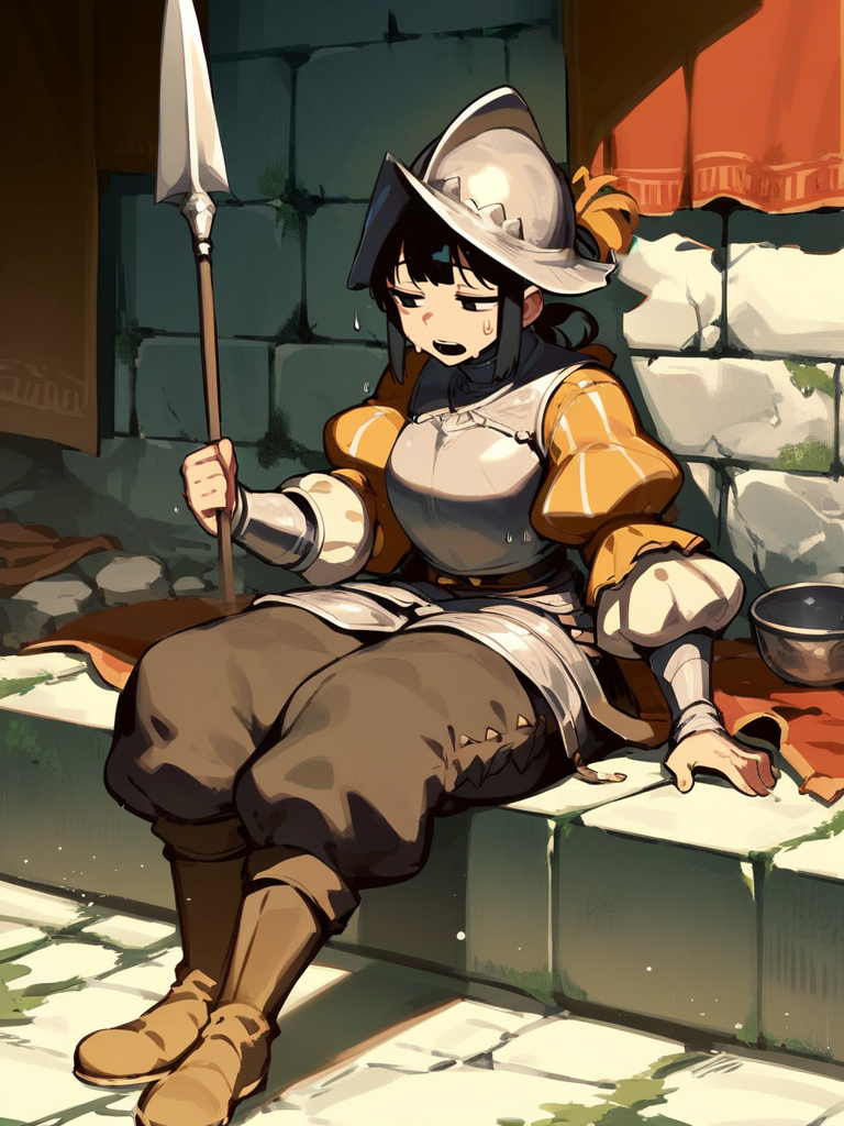 score_9,score_8_up,score_7_up,source_anime,<lora:conquistador_pony:1>,conquistador,1girl,bangs,breastplate,puffy sleeves,stone wall,pants,boots,sweat,exhausted,tied hair,open mouth,sitting,holding spear,narrowed eyes,