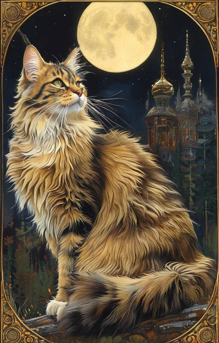 masterpiece,best quality,<lora:tbh166-sdxl:0.9>,illustration,style of Ivan Bilibin, cute Mainecoon cat and Abyssinian cat
