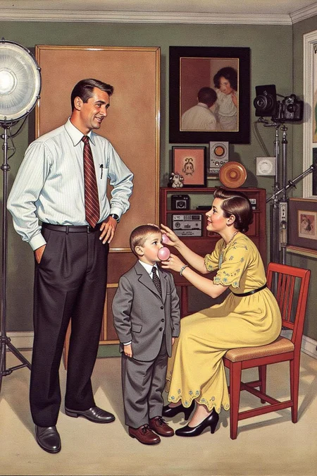 car1ar painting.
A family photo session. The scene includes a father standing casually with a hand on his hip, dressed in a white shirt and tie, looking slightly amused. A young boy in a gray suit stands in the center blowing a bubblegum bubble, exuding playful mischief. A mother, seated on a wooden chair, is dressed in a yellow dress and gently combing the boy's hair, her expression showing maternal care. The backdrop includes vintage photography equipment like a large studio light and a camera stand. 
 <lora:car1ar1_cap_d6a3:1.0><lora:825498959456822313:0>