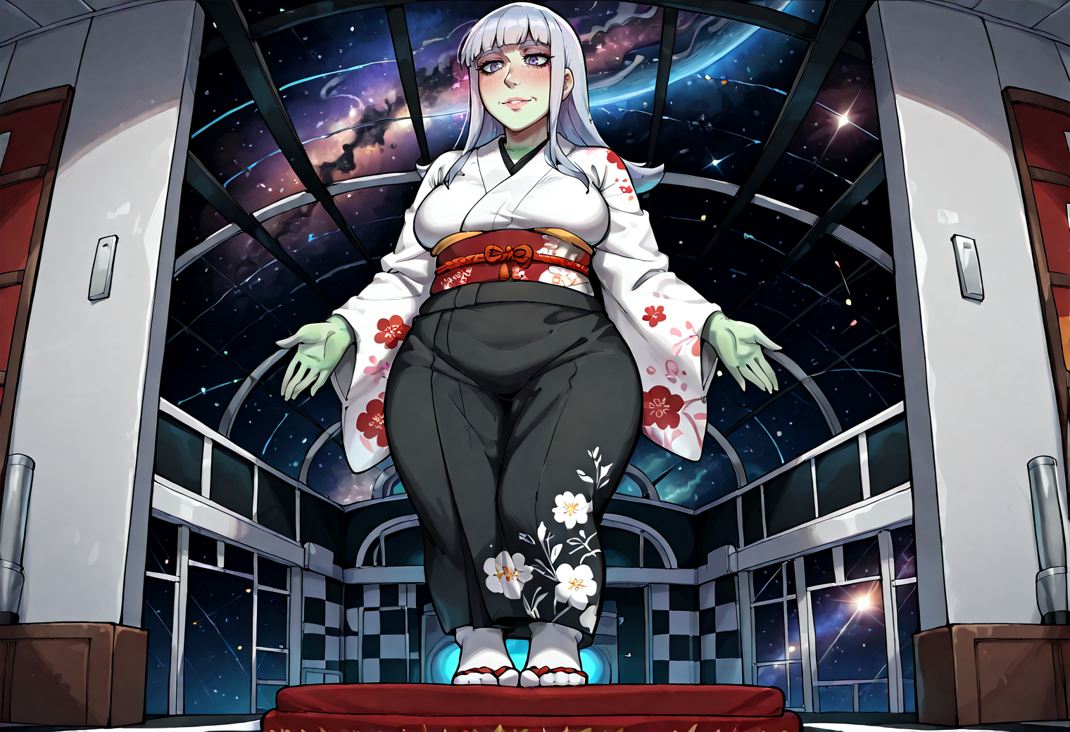 IllustriousQual, <lora:StS-Illustrious-Detail-Slider-v1.0:2> <lora:cfg_scale_boost:0.3> <lora:StS_Age_Slider_Illustrious_v1:3>,detailed_background,indoors,kantai collection,new year,no humans,creatures \(company\),checkered background,n-shi \(fruit1830\),standing,absurdres,nintendo,hatsukaze \(kancolle\),colored skin,alternate costume,floral print,floating,feet,space,solo,blue eyes,from below,green skin