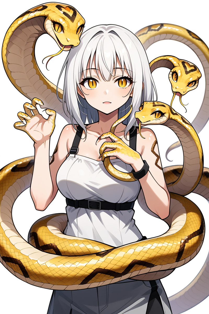 snake_hybrid,source_anime, high quality, highly detailed, 1girl, anime girl, snake girl, white background, snake fingers, snake hands, snake eyes, scales