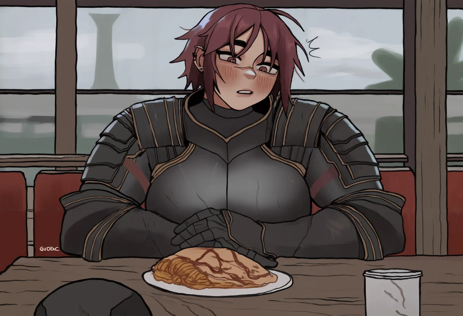 masterpiece, best quality, newest, absurdres, highres, sitting, pov across table, restaurant, food, indoors, gud0c, 1girl, large breasts, muscular female, solo, dsbit, dsbit, red hair, short hair, red eyes, blush, scar, unworn helmet, black armor, black breastplate, black Pauldrons, black Cuirass, black Gauntlets, tunic under armor,     
<lora:Black_Iron_Tarkus_Illustrious-000009:1>