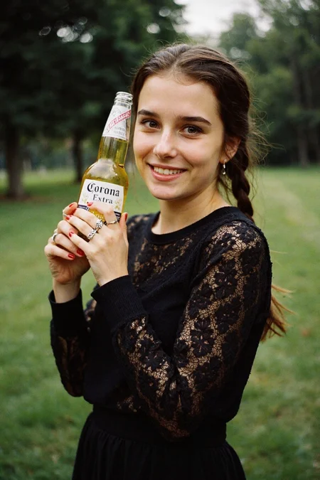 8n8log, girl, late teens, standing in the park, brown braided hair, natural makeup, lace black long-sleeve top, skirt, holding a Corona Extra bottle in her right hand, Her face partially shadowed, minimal makeup visible, focus on bottle, silver rings on fingers, red nail polish, serene setting, casual relaxed pose, summer, smiling widely, Dull, overcast lighting, film photography aesthetic, film grain texture, 