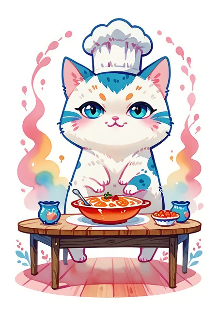 score_7_up, score_8_up, score_9, (full body:1.15), cat, animal kitten, chibi animal cat, Kus1cat, Chibi Art Style, furr, 
cute cat, game character, very cute, chef, watercolor style,
(Wooden table with colorful tablecloths detailed background:1.19), HQ,