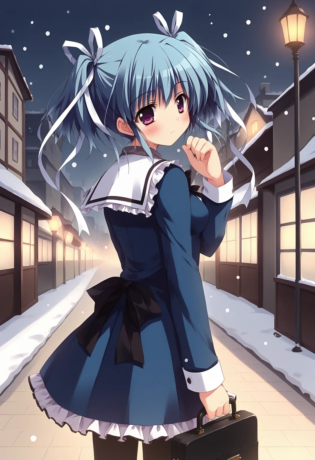 score_9, score_8_up, score_7_up BREAK
source_anime, rating_safe, from behind, outdoors, winter, snowing, city, street, night, standing, holding briefcase, looking back, blush, closed mouth, solo, 1girl, mssakuno, blue hair, short hair, short twintails, hair ribbon, purple eyes, medium breasts, school uniform, blue dress, long sleeves, frills, ribbon, black pantyhose <lora:mashirosakuno_epoch_7:0.8>