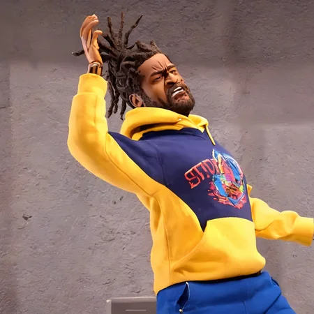 a photo of a cinematic still of rhwrld , dreads in a bun in the style of rbtchkn <lora:riiahworldxl:1> rhwrld <lora:jcoleXL:0.9> robot chicken, rbtchkn, robot chicken tv show, stop motion, depth of field , close up, wearing a yellow hoodie, wearing blue joggers, bleeding out of his shirt, bleeding from chest area, microphone in front of face,, in a space ship