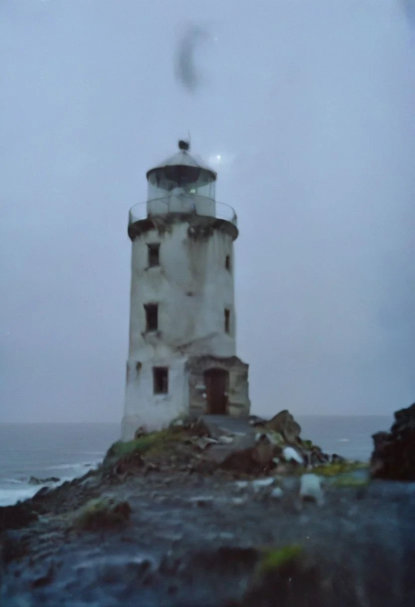 c41_hasselblad_portra400, In a grainy, handheld video, a lone explorer investigates an old, decrepit lighthouse on a foggy night. As he ascends the spiral staircase, strange whispers and ghostly moans fill the air. At the top, he encounters a monstrous, ethereal being with tentacles and multiple glowing eyes. The footage is chaotic and filled with static, capturing the explorer's terror and the creature's unearthly presence.
