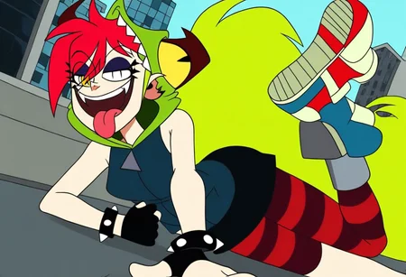 demencia, red hair, green ponytail, striped thighhighs, single striped sock, anklet, green monster hood, yellow eyes, sharp teeth, dark blue hoodie, single striped sleeve, red sneaker, blue sneaker, black skirt, smile, eyeshadow, spiked bracelet, zipper pull tab, torn pantyhose, glove, tongue out, Pov-giantess (macrogts:1.1) (laying on a city (prone) at sunset:1.1), the buildings underneath her body are crushed,