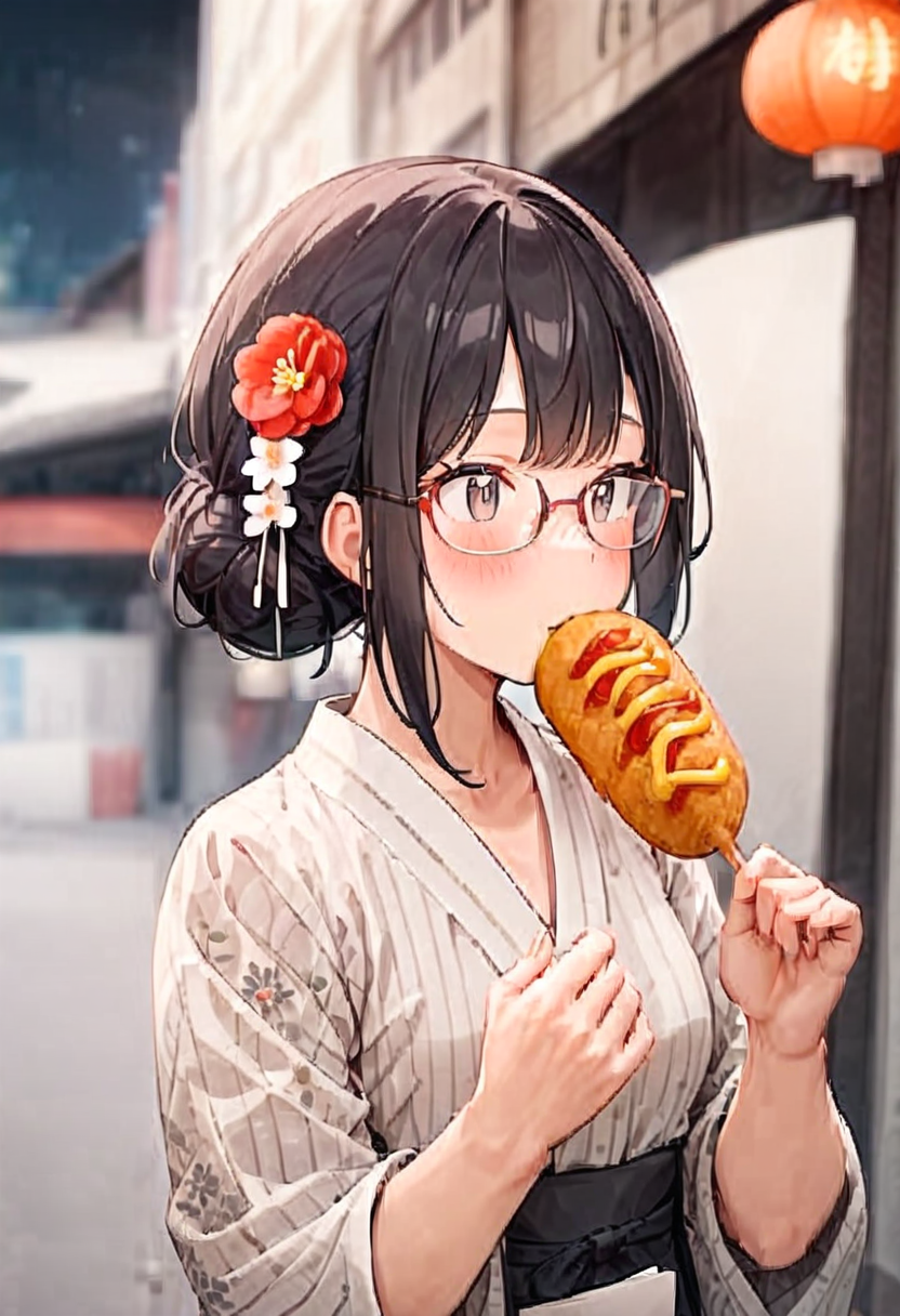masterpiece, best quality, very aesthetic, absurdres,
1girl, solo, glasses, black hair, food, long hair, blush, holding, holding food, yukata, floral print, hair ornament, hair flower, hair bun, uchiwa, paper fan, blurry background, happy, 
american_dog, ketchup, skewer,  summer, night, paper lantern, 
 <lora:american_dog_SDXL_V1:1>