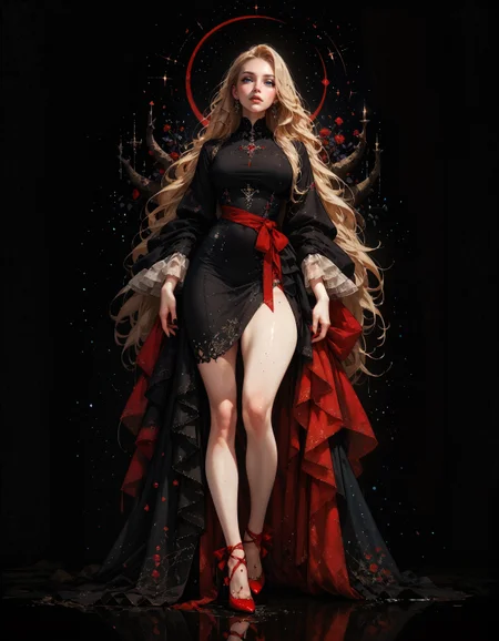 score_9, score_8_up, score_7_up, score_6_up, score_5_up, score_4_up, 8k, absurdres, best quality, 1girl, full body, blonde hair, long hair, looking at viewer, black stone, (black rock:1.3), curvy, perfect curves, thick thighs, crossed hands, red ribbon around feet, high heels, red string, (black background, simple background:1.2)