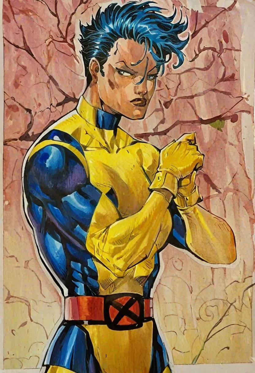 score_9, score_8, xmblzxl, in j_lee artstyle, 1girl, upper body, solo, superhero, black hair with blue highlights, bodysuit, gloves, muscular, yellow gloves, belt, two tone bodysuit, yellow bodysuit, blue bodysuit, traditional media, hatching (texture), comic book art