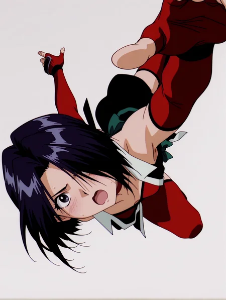 masterpiece,best quality,newest,
1girl,solo,
anime screencap,
<lora:matsuri_ilxl_v1.0:1>,matsuri,parted lips,black hair,short hair,hair over one eye,black eyes,
m_clothes,choker,bare shoulders,elbow gloves,fingerless gloves,open clothes,green bow,red thighhighs,
<lora:Fixhands_anime_bdsqlsz_V1:1>,(looking_at_viewer:1.2),simple_background,white background,light_blush,Inside a Spaceship,reaching towards viewer,panicking,open mouth,sweat,jumping,