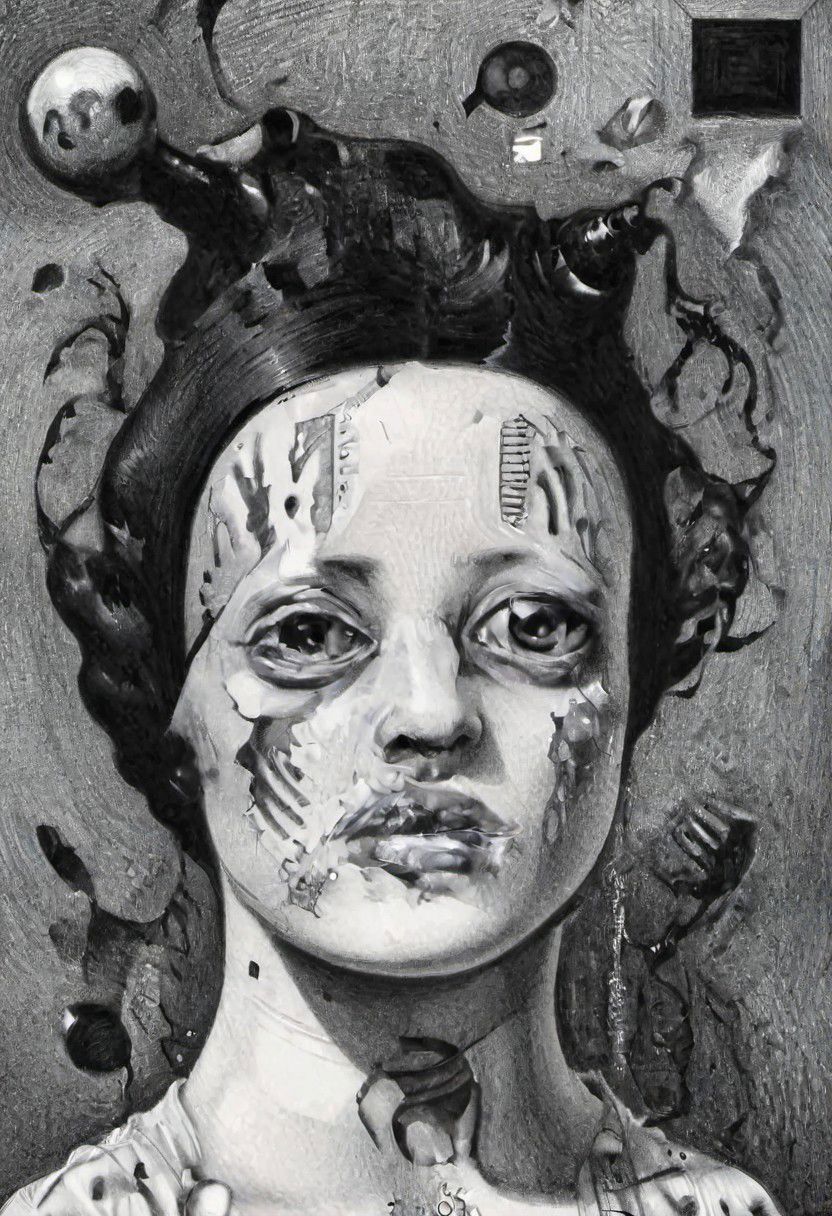 Monochrome black and white, Giger, Beksinski, Zawadzky, Dali, Magritte, Delvaux, Bellmer, Malevitch, Rodchenko, Mondrian, Kandinsky, Popovna, psychedelic hallucination, pop surrealism, rough crosshatch drawing pop art Lunatic_Portrait of a young woman in latex Avant-garde Fashion page, slick back, low bun, black makeup, sinister expression, intense glare, avant-garde, abstract, weird, geometric, constructivism, suprematism, rayonism, verticism, lineism, tj, Avant-garde Fashion page, Lunatic_Portrait, pop surrealism, pop art, drawing, painting, tj, JimmyAlonzo, Surreal psychedelic bizarre, pencil, drawing,  by Brian Selznick, JuggernautNegative, jorg karg