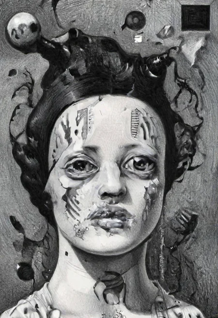 Monochrome black and white, Giger, Beksinski, Zawadzky, Dali, Magritte, Delvaux, Bellmer, Malevitch, Rodchenko, Mondrian, Kandinsky, Popovna, psychedelic hallucination, pop surrealism, rough crosshatch drawing pop art Lunatic_Portrait of a young woman in latex Avant-garde Fashion page, slick back, low bun, black makeup, sinister expression, intense glare, avant-garde, abstract, weird, geometric, constructivism, suprematism, rayonism, verticism, lineism, tj, Avant-garde Fashion page, Lunatic_Portrait, pop surrealism, pop art, drawing, painting, tj, JimmyAlonzo, Surreal psychedelic bizarre, pencil, drawing, by Brian Selznick, JuggernautNegative, jorg karg