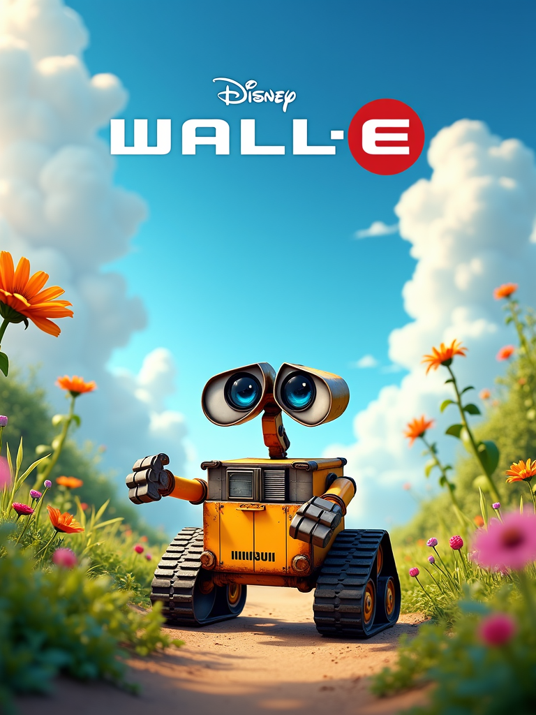 A charming and colorful poster for "WALL-E," featuring the adorable robot WALL-E in the foreground, surrounded by a lush, green landscape filled with plants and flowers, a bright blue sky with fluffy clouds, elements of futuristic technology subtly integrated into the scene, warm and inviting color palette, playful typography at the top saying "WALL-E" in a fun, whimsical font, capturing themes of love, nature, and adventure, high detail, heartwarming and optimistic atmosphere --v 5 --ar 9:16
