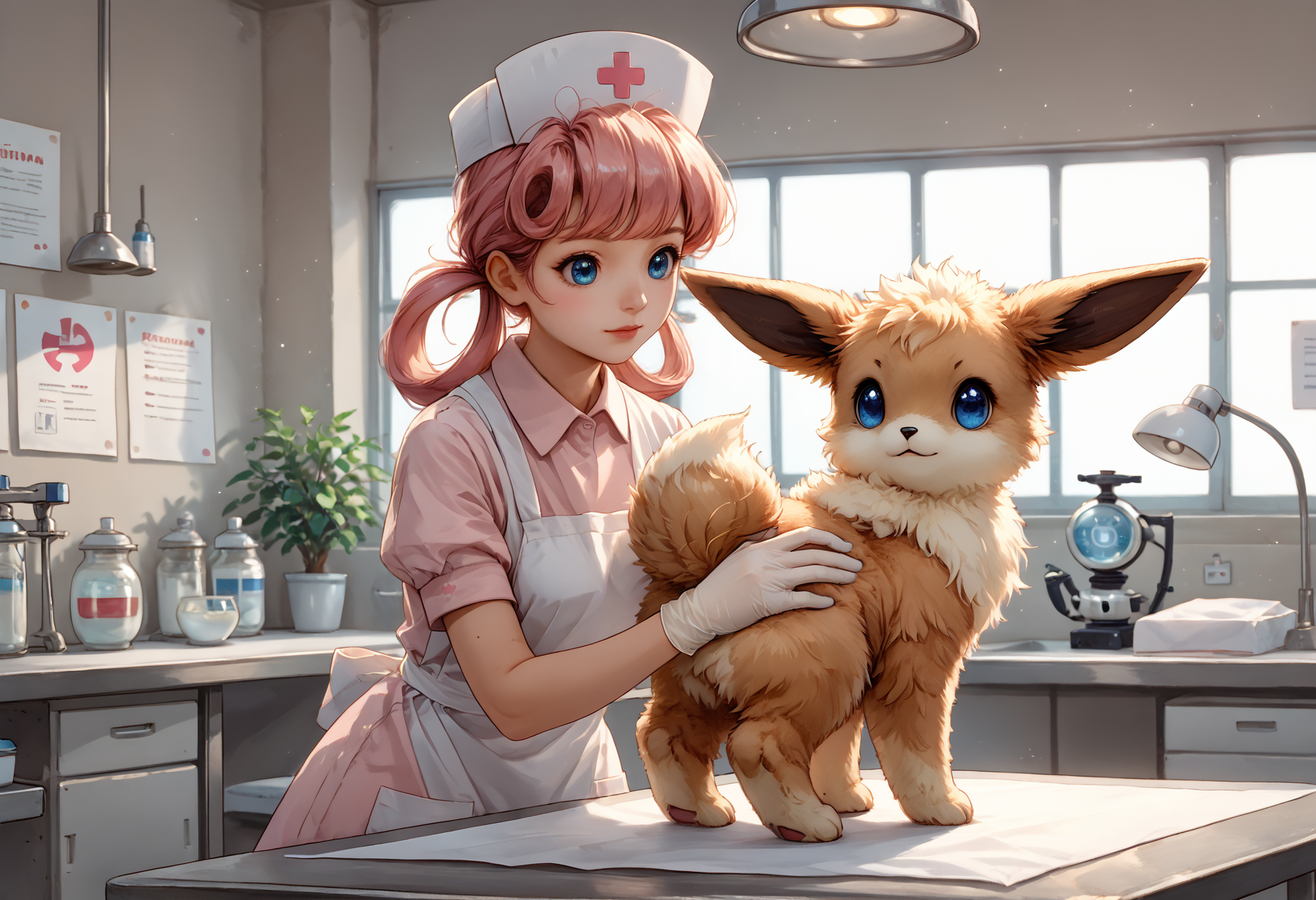 score_9,score_8_up,score_7_up,high quality,masterpiece,highres,infirmary,<lora:Hoseki_Pokemon_NurseJoy_PDXL_v1>,njpk,medium breasts,pink hair,hair rings,bangs,nurse cap,pink collared dress,puffy short sleeves,white apron,white footwear,<lora:Veterinarian_inspection:0.8>,vetcheck,vetcheck,human,veterinarian,lab coat,rubber gloves,inspection,hands,holding animal,animal focus,inspection table,<lora:EeveePokedexPDXL>,zzEV,zPDXL3,<lora:add-detail-xl:2>,âââ