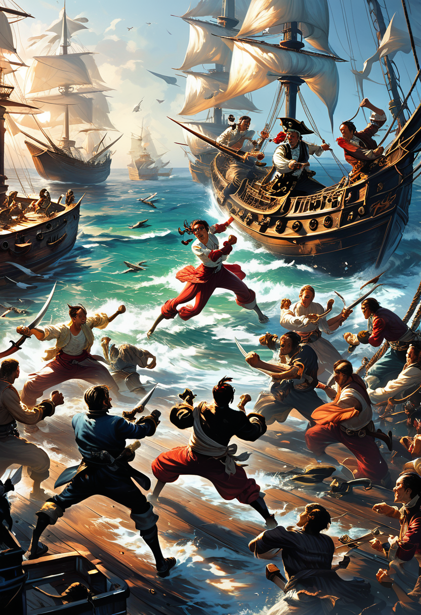 score_9,score_8_up,score_7_up, p1r4t35,  1girl, ship, watercraft, pirate, swordfight, 6+boys, boarding, sea battle, female focus
 <lora:pirates_pony_panache:1>