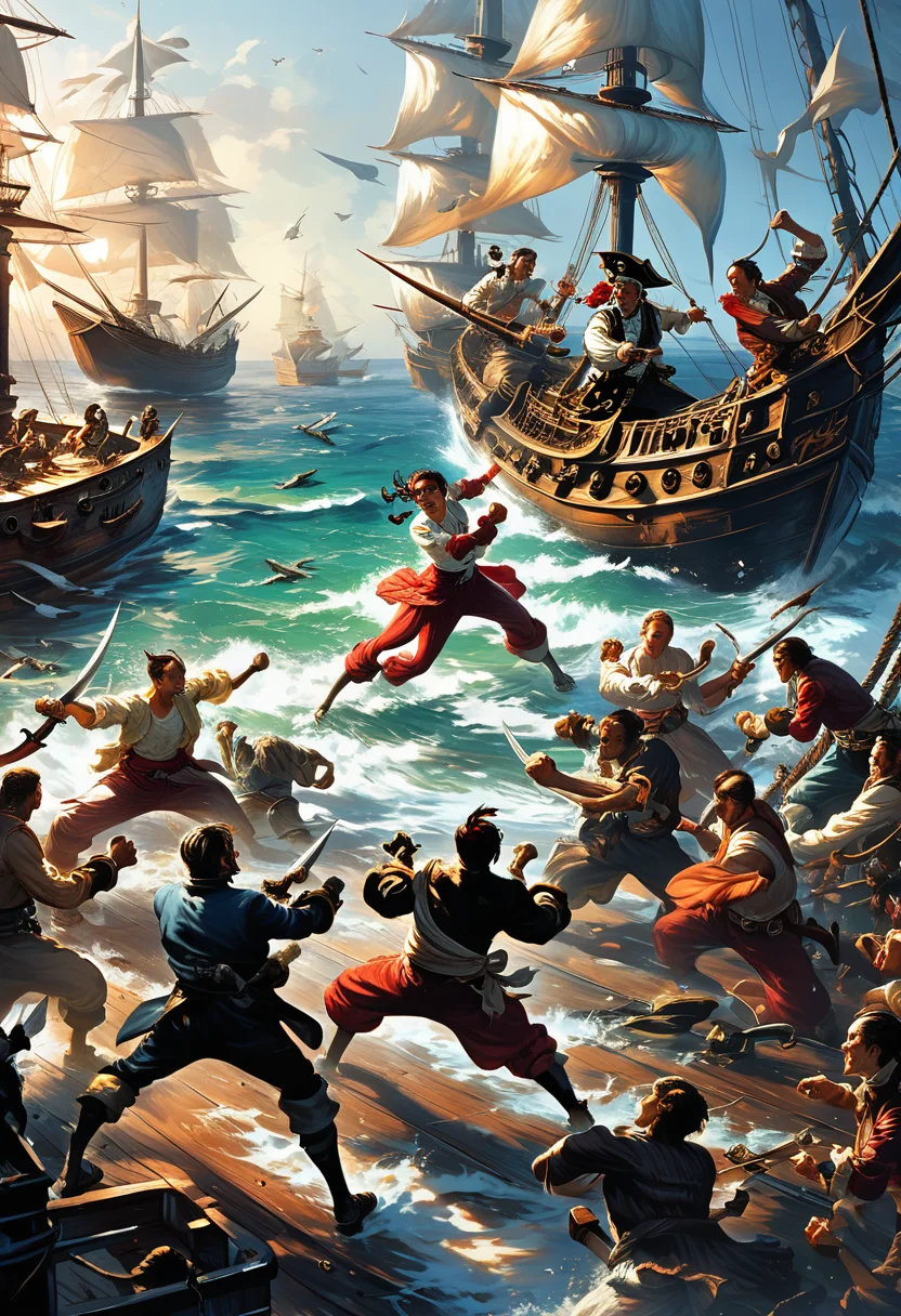 score_9,score_8_up,score_7_up, p1r4t35, 1girl, ship, watercraft, pirate, swordfight, 6+boys, boarding, sea battle, female focus
<lora:pirates_pony_panache:1>