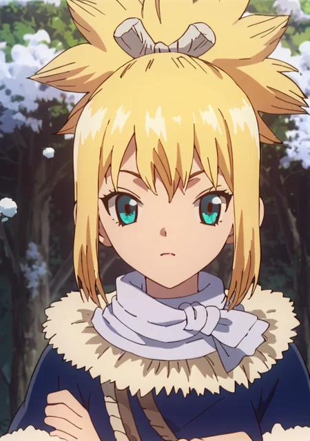 score_8_up, score_7_up, anime screenshot, upper body,
<lora:Kohaku (Autism Mix XL):0.8> 1girl, kohaku \(dr. stone\), blonde hair, ponytail, choker, green blue eyes, winter clothes,