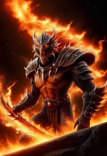 Flame Atronach from Skyrim, 
embodying a mystical amalgamation of fire magic and twisted netch, 
dominating the foreground with gargantuan scale and fierce lava-like eyes, 
caught mid-roar with orange and red flames licking the backdrop of a starlit night, 
high definition digital render, 
apocalyptic theme, 
radiating pure energy, 
transmuting surrounding in its incandescent glow, 
captiv