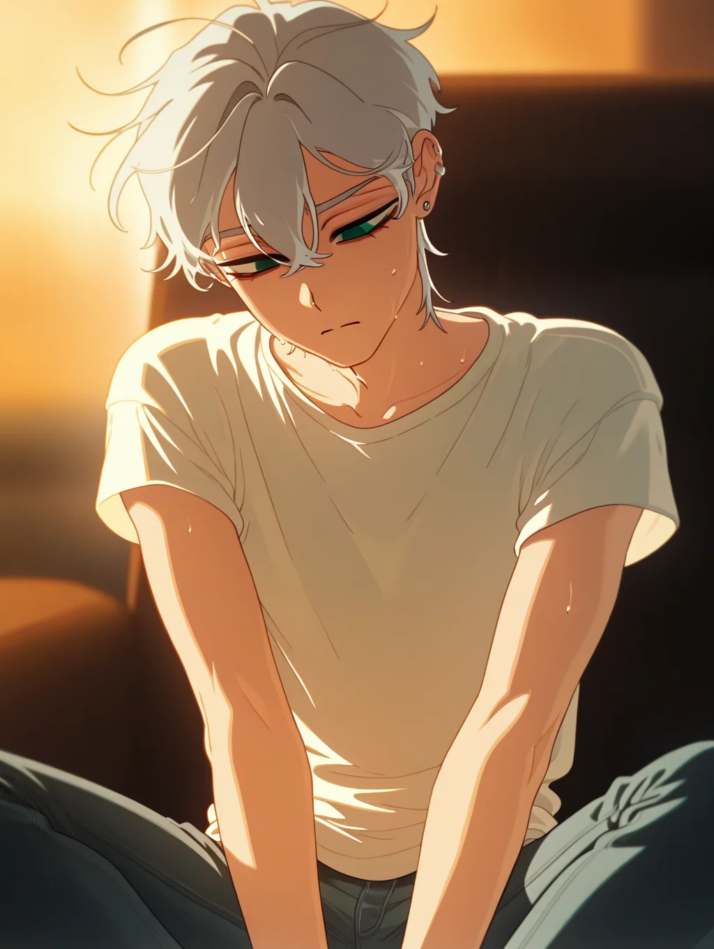 wiegevivinos, tillwiege, adult, 1boy, solo, sweat, cyan eyes, silver hair, sweat, blurry background, warm light, hair againts the wind, golden hue, white shirt with black patterns,  jeans, sitting pose, head tilting down, blank expression, multiple silver ear piercing