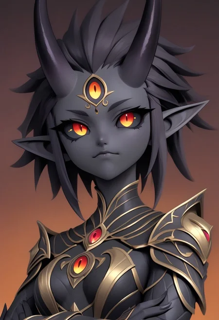 3DMM, ((te'kharoth, third eye), tail, horns), short hair, messy hair, black sclera), 1girl, amber eyes, armor, crossed arms, upper body, small breasts, ornate armor, fantasy, magical aura, simple background, gradient background