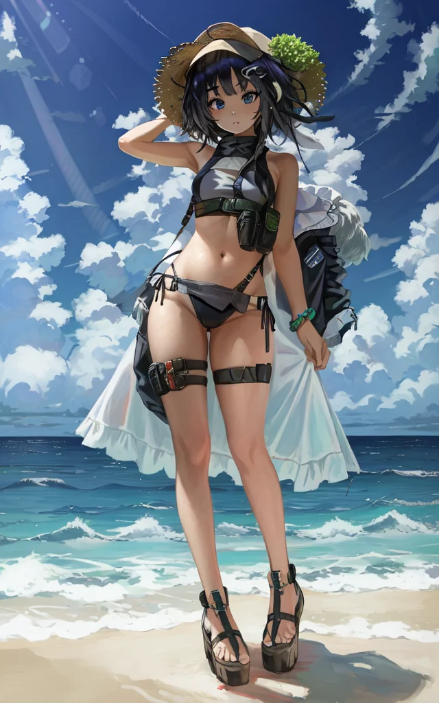 1girl, solo,straight-on, looking at viewer, full body, pose,swimsuit,seaside,blue sky, (bikini),