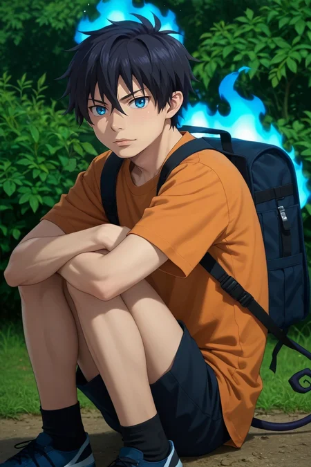score_9, score_8_up, score_7_up, source_anime, rating_safe, , , , depth of field, 1boy, solo, male focus, <lora:rin_okumura_pony:1>, rin_okumura, black hair, blue eyes, short hair, hair between eyes, , tail, blue fire, , male Young adult Sturdy, South Asian, Light blue eyes, Soft Cheeks, Thin lips, Light Brown Messy hair hair, Affection, wearing Velvet Tangerine Brocade Track shorts, Honeycomb Batik Dark orange Henley thermal shirt, , , andMilitary Backpack andEar cuff, Arms wrapped around knees, showing vulnerability, <lora:sdxl_lightning_8step_lora:1>