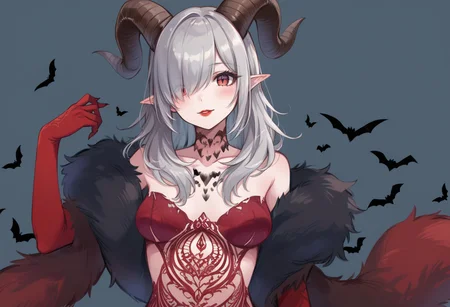 (score_9:0.9),score_8_up,score_7_up,rating_safe,anime style,(zPDXL),<lora:MH Demomlord Armor ponyXL v1:0.77>,white demon horns,black fur trim,demomlord dress,red elbow gloves,1girl,solo,bat \(animal\),pointy ears,grey hair,long hair,red eyes,hair over one eye,looking at viewer,simple background,red lips,navel,medium breasts,parted lips,light smile,blush,