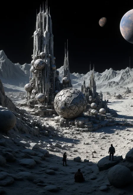 masterpiece oil painting, landscape of a futuristic sci-fi moon base, gleaming metals and ceramics, domes, cratered environment, dusty, thin haze, a large planet dominating the skyline