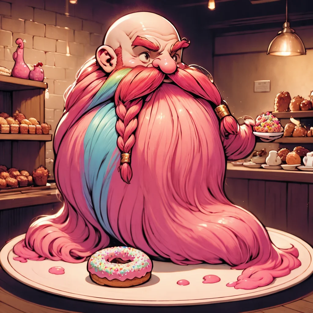 <lora:Harry_Dwarf_SD1.5:1>, Studio Ghibli, cartoon style, magical, Harry_Dwarf, as a donut, flowing long pink beard, braided moustache,bald, bangles,beautiful lighting, (rainbow sprinkles),covered in pink frosting, donut, donut shape,laying on a plate, big cup of coffee, coffee shop, piece cut out of donut