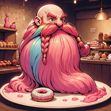 <lora:Harry_Dwarf_SD1.5:1>, Studio Ghibli, cartoon style, magical, Harry_Dwarf, as a donut, flowing long pink beard, braided moustache,bald, bangles,beautiful lighting, (rainbow sprinkles),covered in pink frosting, donut, donut shape,laying on a plate, big cup of coffee, coffee shop, piece cut out of donut