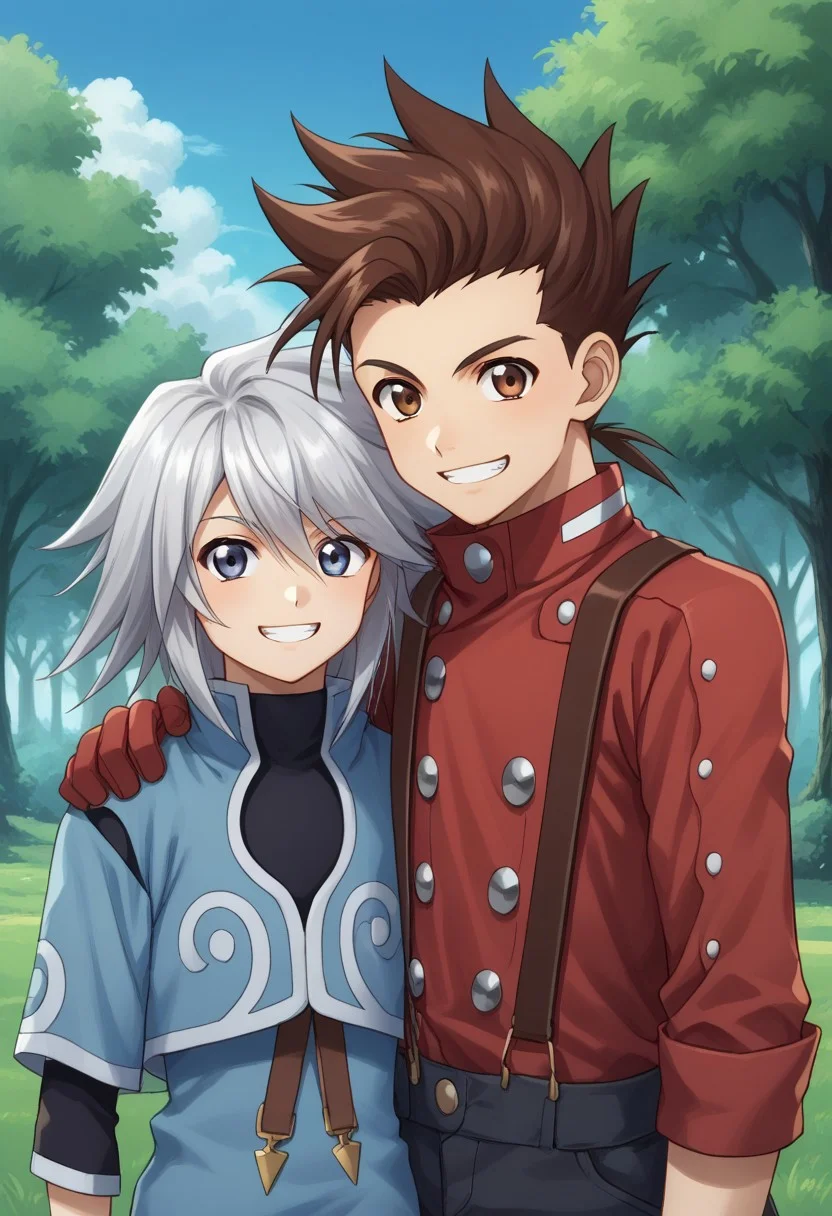 score_9, score_8_up, score_7_up, source_anime, highly detailed,
lloyd,
1boy, brown hair, red shirt, male focus, shirt, gloves, brown eyes, spiked hair, suspenders, looking at viewer, smile, grin, BREAK
genis, male focus, 1boy, long hair, silver hair, shirt, jacket, black shirt, blue jacket, BREAK
outdoor, sky, tree, upper body, posing for a photo, height difference, hand on another's shoulder,