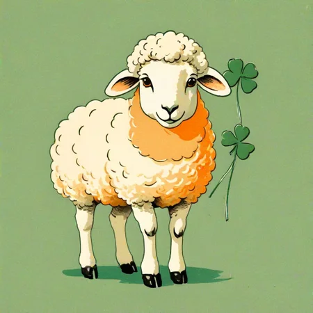 vintage postcard illustration, adorable sheep, St. Patrick's Day parade, retro color palette, muted green, cream, soft orange, textured paper background