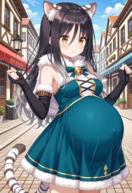 STYLE(comfy++,none) masterpiece, best quality, absurdres, 1girl, [tsukasawa takamatsu:cura, fuzichoco:0.3], torino aqua, shiori \(princess connect!\), tiger girl, tiger ears, animal ear fluff, tiger tail, striped tail, hair between eyes, yellow eyes, brown eyes, black hair, long hair, gradient hair, grey hair, black gloves, fur capelet, fingerless gloves, elbow gloves, bare shoulders, medium breasts, clothed, pregnant, big belly, standing,  frown, looking down, open hand,  w arms,  day, street, game cg, <lora:Pregnancy_Slider:1.2> <lora:pregnant_clte_v2:1> <lora:dmd2_sdxl_4step_lora_fp16:1>