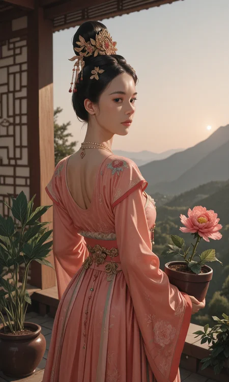 (1girl/gsfh, HWF, hanfu, jewelry, necklace, black hair, hair ornament, chinese clothes, realistic, black eyes, cleavage, single hair bun, looking at the sky, looking at the viewer), from behind, outdoor,
(holding a plant/planter, leaf, peony),
masterpiece, best quality, amazing quality, very aesthetic, absurdres, newest, haute couture,
light from one side, dark shadow,