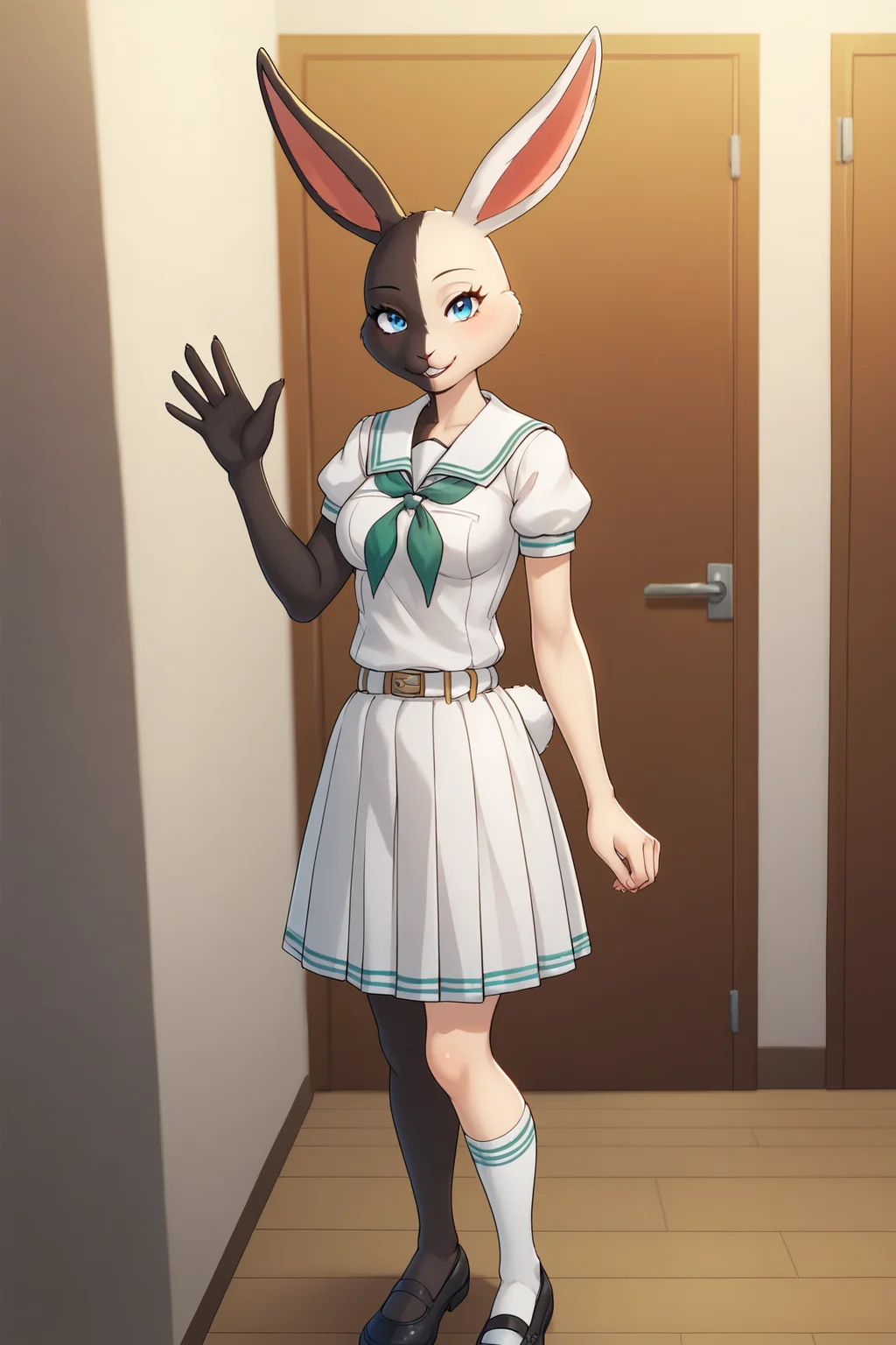 score_9, score_8_up, score_7_up, score_6_up, score_5_up, score_4_up, MizuchiBSXL, anthro furry, furry female, black fur, white fur, two-tone fur, blue eyes, animal ears, rabbit ears, rabbit tail, snout, medium breasts, serafuku, white sailor collar, green neckerchief, white shirt, puffy sleeves, short sleeves, belt, white skirt, white socks, black shoes, solo, standing, waving, seductive smile, looking at viewer, indoors <lora:MizuchiBSXL:0.9>