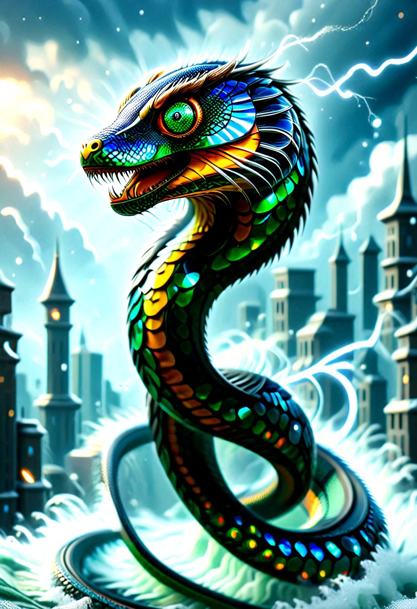 A formidable warrior cyborg with battle scars and marks of past villainy, now overlaid with symbols of heroism and snakes, representing rebirth and transformation.  embodying both a superhero and a redeemed former villain, exuding an aura of power and redemption.   Standing heroically amidst a stormy battlefield, with lightning illuminating the fractal designs on the scale armor (made from Compact Discs). The character, adorned with intricately designed armor that features a hybrid of Damascus steel and fractal art patterns, stands poised for battle. The armor's fractal designs shimmer with mystical energy, merging beautifully with the Damascus steel’s distinctive water-like patterns. His/her piercing snake-like eyes reflect an intense and focused determination. Snakes are an integral part of his/her design, with serpent tattoos coiling around muscular arms and legs, and snake motifs etched into the armor and weaponry. A massive, fractal-designed sword or staff with Damascus steel accents adds to the character's menacing and heroic presence. The overall image is ultra-high definition, with sharp focus on the intricate details, natural lighting, and realistic textures, ensuring the art is neither anime nor comic book style.