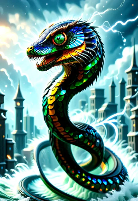 A formidable warrior cyborg with battle scars and marks of past villainy, now overlaid with symbols of heroism and snakes, representing rebirth and transformation.  embodying both a superhero and a redeemed former villain, exuding an aura of power and redemption.   Standing heroically amidst a stormy battlefield, with lightning illuminating the fractal designs on the scale armor (made from Compact Discs). The character, adorned with intricately designed armor that features a hybrid of Damascus steel and fractal art patterns, stands poised for battle. The armor's fractal designs shimmer with mystical energy, merging beautifully with the Damascus steel’s distinctive water-like patterns. His/her piercing snake-like eyes reflect an intense and focused determination. Snakes are an integral part of his/her design, with serpent tattoos coiling around muscular arms and legs, and snake motifs etched into the armor and weaponry. A massive, fractal-designed sword or staff with Damascus steel accents adds to the character's menacing and heroic presence. The overall image is ultra-high definition, with sharp focus on the intricate details, natural lighting, and realistic textures, ensuring the art is neither anime nor comic book style.