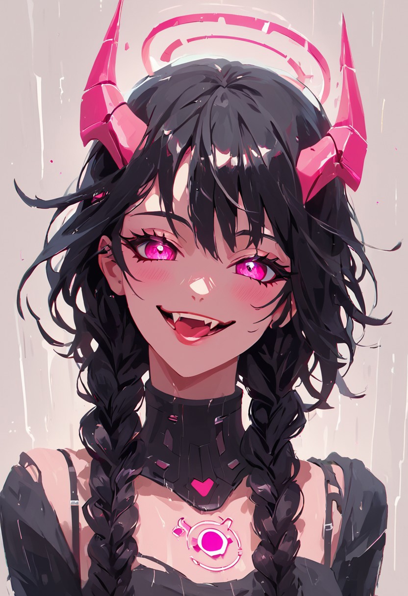 score_9, score_8_up, score_8, female, cel-shading, backlit, big eyes, cute eyes, delicate features, short hair, (braided hair), black hair, portrait, nsfw, smug, seductive eyes, horns, hologram halo, 0xYung, techwear, cyborg, cybernoir, heavy rain, rainrops, (((dark))), sexy, sensual glare, pink eyes, black sclera, tongue sticking out teasingly, big chest, lineless, flar color, toothy smile, fangs,