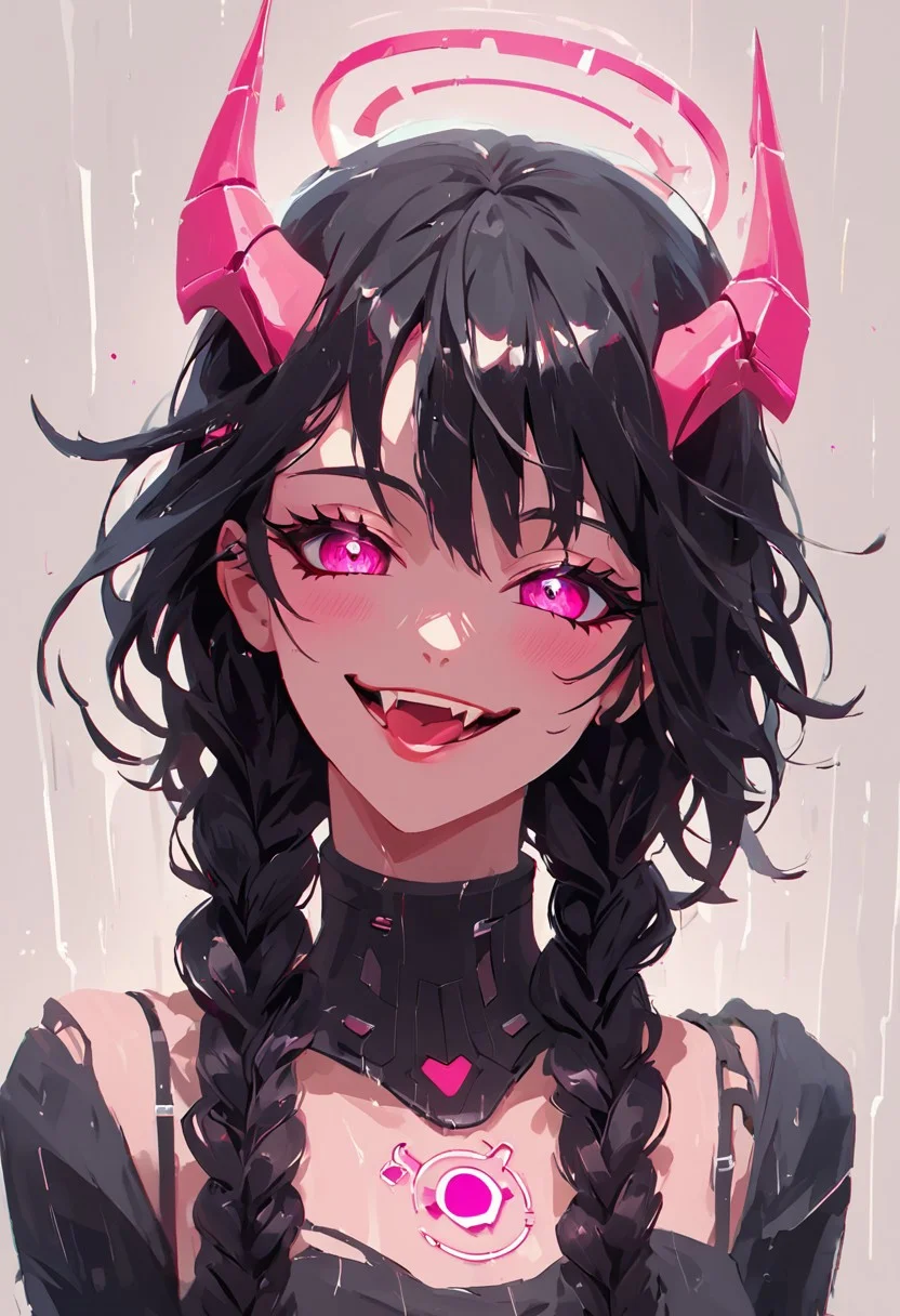 score_9, score_8_up, score_8, female, cel-shading, backlit, big eyes, cute eyes, delicate features, short hair, (braided hair), black hair, portrait, nsfw, smug, seductive eyes, horns, hologram halo, 0xYung, techwear, cyborg, cybernoir, heavy rain, rainrops, (((dark))), sexy, sensual glare, pink eyes, black sclera, tongue sticking out teasingly, big chest, lineless, flar color, toothy smile, fangs,