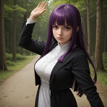 score_9, score_8_up, score_7_up,
break
(looking at viewer),
<lora:gostlapped.pony.v1:0.3> imminentslap, hand up, arm up,  open hand, spread fingers,  stretched fingers,
1girl, standing,
looking at viewer,
realistic,
 <lora:brj-fern-pony-v0.5:0.8> fern \(sousou no frieren\), large breasts, long hair, purple hair, half updo, blunt bangs, purple eyes, open robe, long dress,
((serious, stern looking)), cold stare, angy,
forest, tree,