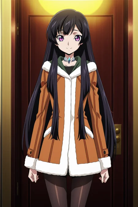 anime screencap, anime coloring, detailed face, masterpiece, best quality, very aesthetic, absurdres, volumetric lighting, official style, amazing quality, ultra detailed, highres, amazing quality, scenery, beautiful detailed hair, beautiful detailed eyes,
<lora:StS-Illustrious-Detail-Slider-v1.0:4>
 <lora:Sakuya_Sumeragi_Code_Geass_Rozé_of_the_Recapture_-_Illustrious_V2:1>
Sakuya coat (outfit), 1girl, solo, long hair, purple eyes, pantyhose, black hair, coat, black hair, shoes, facing the viewer, smiling, cowboy shot