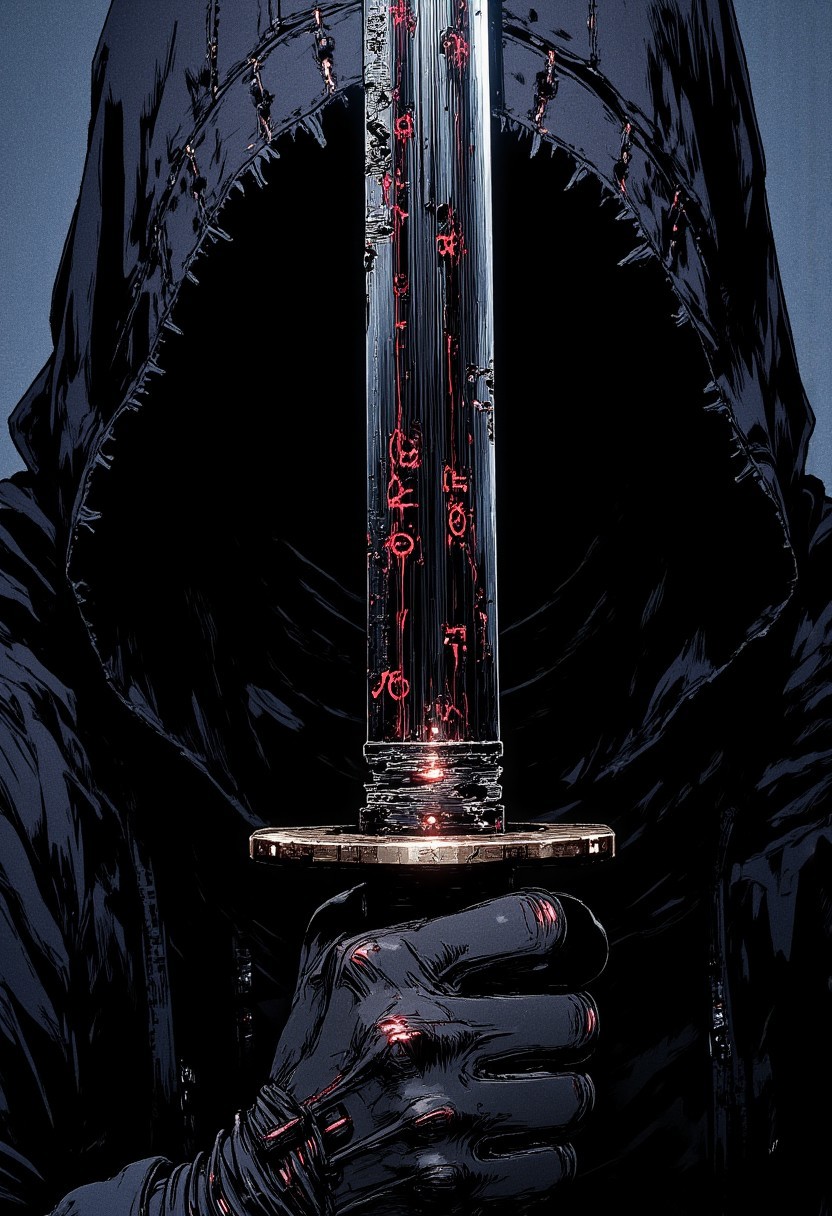 Composition: nistyle, manga lines, extreme close-up portrait, framing only the hooded head and the katana's blade crossing near the face; the framing is so tight that the character's body below the neck is almost entirely cropped out only the hood, the blade, and part of the gripping hand are visible.
Character Design: mysterious anime figure wearing a tattered, shadowy hood the entire face is engulfed in pure darkness under the hood, no facial features visible at all; only a faint gleam from within the shadows hints at presence.
Pose: the katana is held vertically, blade gleaming next to the hooded face, almost brushing the fabric the grip firm but relaxed, exuding silent tension.
Visual Details: the katana's blade is highly detailed with subtle runic engravings glowing faintly; the fabric of the hood shows frayed textures and catches small highlights from distant unseen light.
Lighting: dramatic, minimal light from one side, casting sharp highlights on the blade and hood edges, leaving the rest to dissolve into blackness.
Color Palette: deep blacks, muted steels, faint silver blues; extremely high contrast.
Mood: ominous, poised for a strike, emotionless yet heavy with unseen history.
Art Style: hyper-detailed anime realism, gritty and cinematic, textured shading and moody atmosphere.