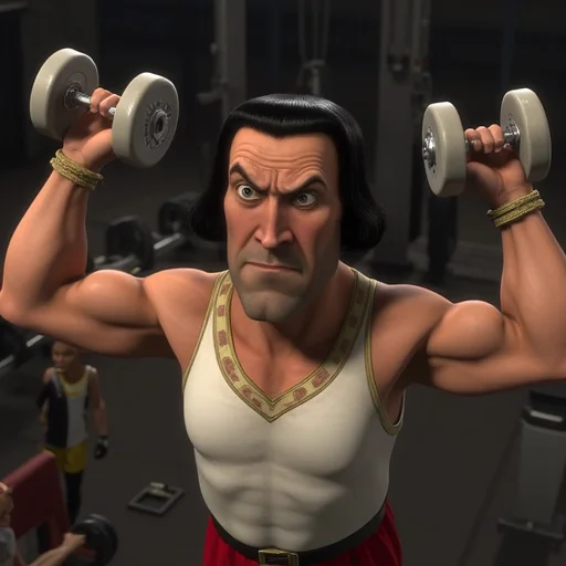 A semi-realistic depiction of Lord Farquaad at a modern gym, hilariously muscular with roided-out arms, veins popping, as he lifts a heavy dumbbell with exaggerated confidence. He wears a sleeveless hoodie that barely fits his comically oversized biceps, with his iconic bob haircut perfectly intact. The gym background includes weights and fitness equipment, with other gym-goers glancing in shock and confusion at his absurd transformation