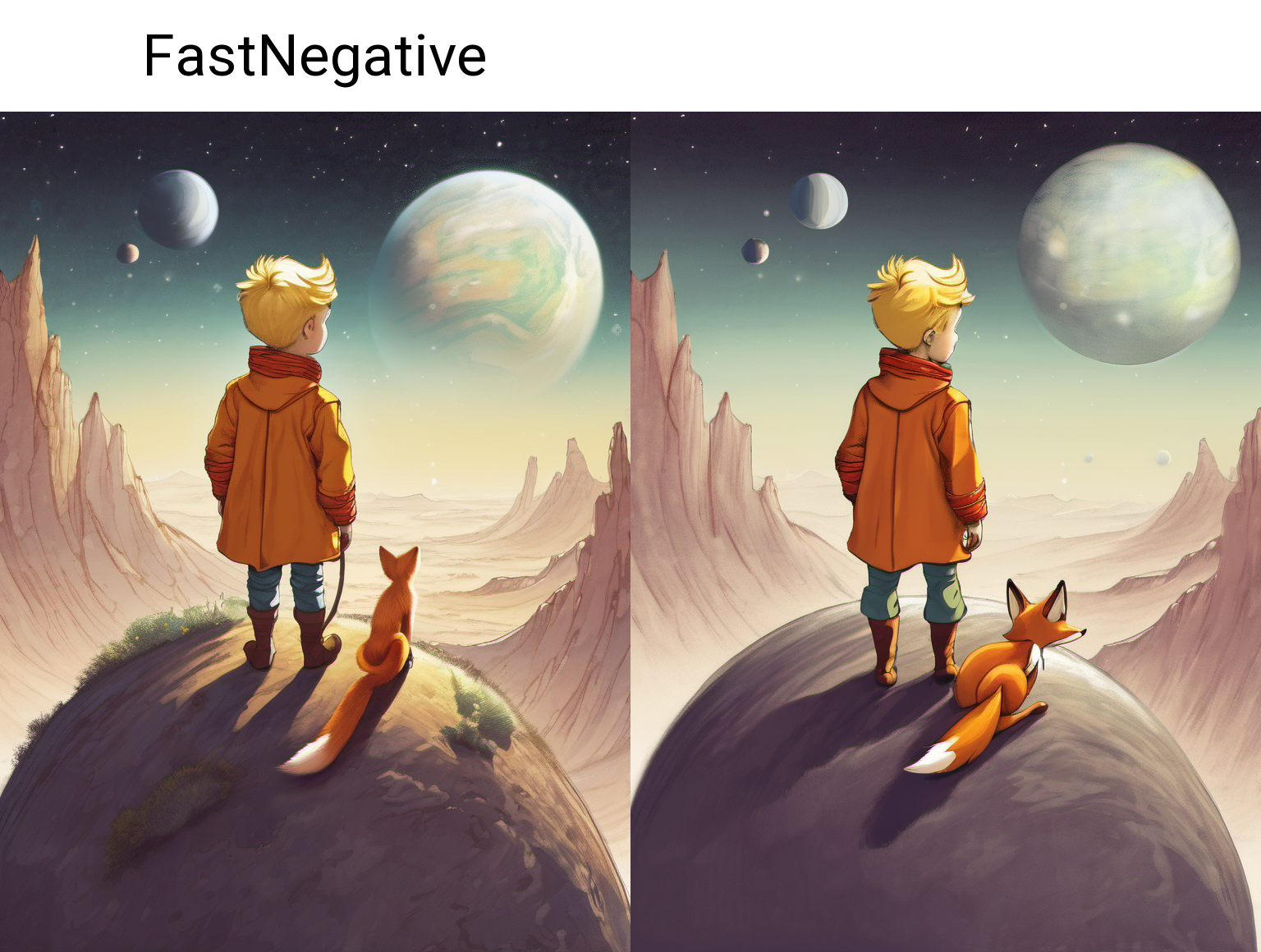 The little prince and his fox on a planet