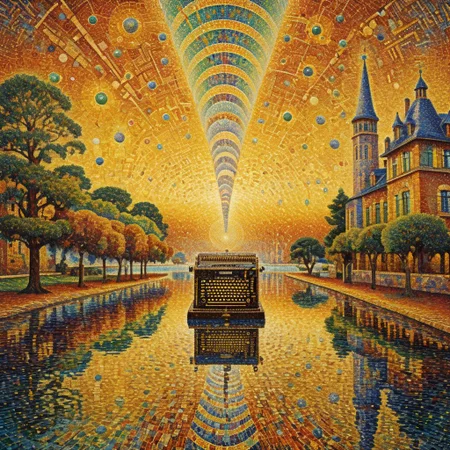Enigma machine, radar, reflection, molecular, cosmic map, very vivid, lucid, lucidity, extremely pointillistic, radar, cascading streams of gold, stream of water in the middle, depth, extremely detailed, intricate, woven, reflection, extremely colorful, perfect, perfection, pointillism, extremely pointillistic, Paul Signac Style, AH_Signac