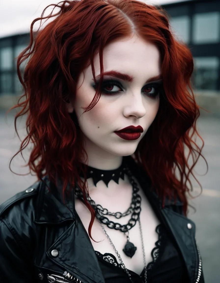 analog photo, 1girl, (goth:1.4), ginger-haired beauty with vibrant crimson locks styled in loose waves, few strategically placed strands framing her face, bold, fiery red lipstick, smoky eyes with dark liner, shimmering eyeshadow, chunky chain necklace adding an edgy touch, fitted black leather jacket layered over lace-trimmed camisole, rebellious grin, highly detailed, 4k